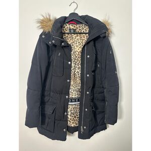 Bogner Luxury Down Ski Parka Jacket Black Leopard Lining Detachable Hood Sz 8